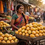 A mango vendor in a colourful sari smiling behind her wooden cart piled high with ripe mangoes at an Indian street market