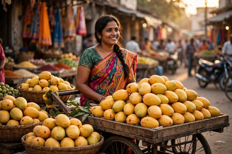 A mango vendor in a colourful sari smiling behind her wooden cart piled high with ripe mangoes at an Indian street market