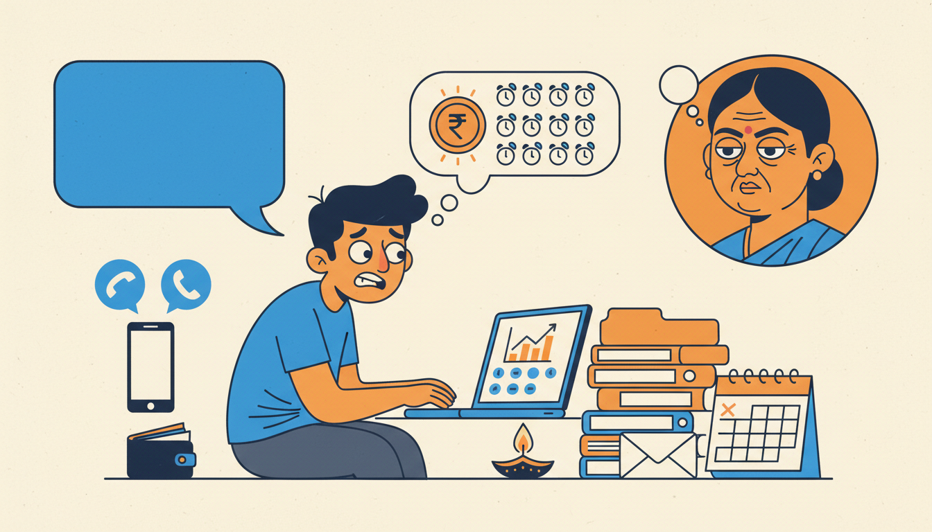 The Daily Rupee satire illustration: Man Sets 14 Alerts Waiting for Rupee at 96, Sends After Mother Calls Twice