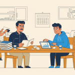 The Daily Rupee satire illustration: Father Opens New Notebook Six Days Into Visit, Audits Son's Eleven Months of Transfers