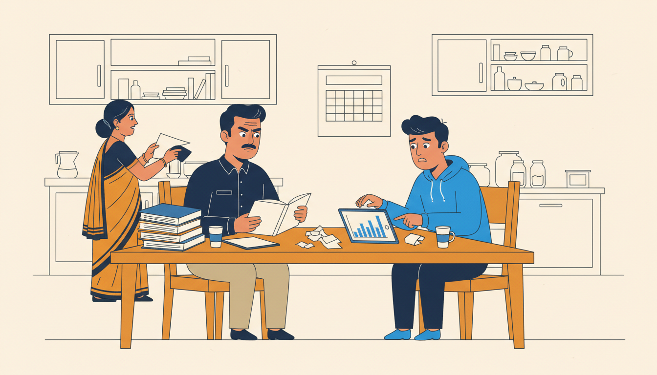 The Daily Rupee satire illustration: Father Opens New Notebook Six Days Into Visit, Audits Son's Eleven Months of Transfers