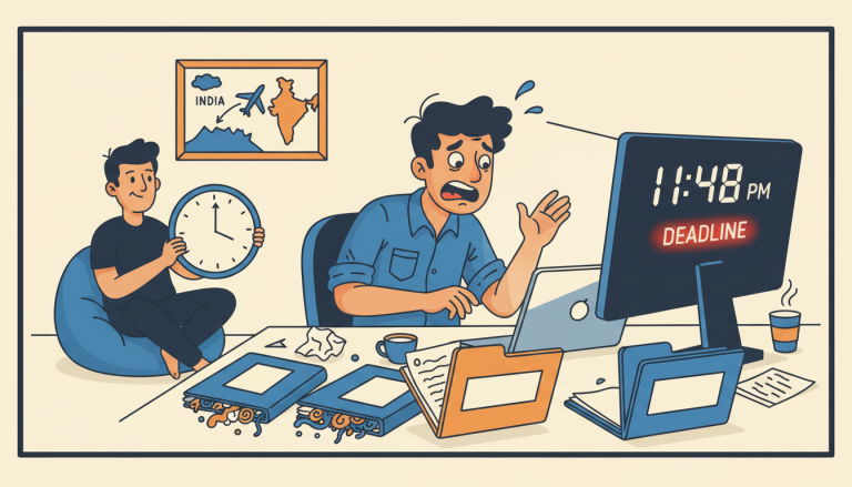 The Daily Rupee satire illustration: Engineer Files Taxes at 11:48 PM on Extension Deadline, Blames Folder Named 'Final_Final_v3'