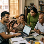 The Daily Rupee satire illustration: Gulf Cousin Ends Three-Hour Wedding Budget Call in Four Minutes by Sharing Spreadsheet