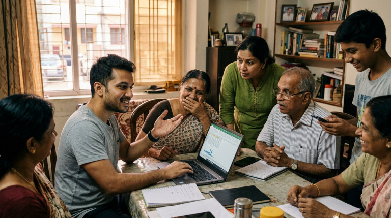 The Daily Rupee satire illustration: Gulf Cousin Ends Three-Hour Wedding Budget Call in Four Minutes by Sharing Spreadsheet