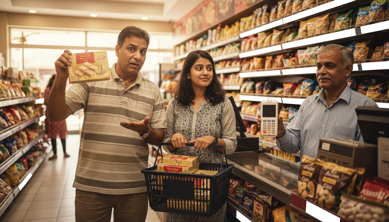 The Daily Rupee satire illustration: Uncle Converts Kaju Katli Price to Rupees Nine Times, Buys Four Boxes