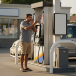 The Daily Rupee satire illustration: Man Back From Pune Scans Gas Pump, Waits for Speaker to Announce Payment