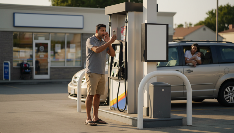 The Daily Rupee satire illustration: Man Back From Pune Scans Gas Pump, Waits for Speaker to Announce Payment
