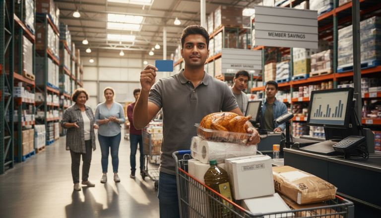The Daily Rupee satire illustration: H1B Rookie Calls Warehouse Store Membership His First Investment, Breaks Even on Rotisserie Chicken