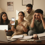 The Daily Rupee satire illustration: Mother Asks Why Son's Savings Earn Less Than Sharma Ji's Son's Fixed Deposit
