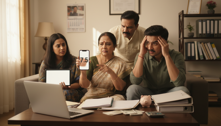 The Daily Rupee satire illustration: Mother Asks Why Son's Savings Earn Less Than Sharma Ji's Son's Fixed Deposit