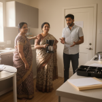 The Daily Rupee satire illustration: Visiting Parents Reorganize Son's Kitchen in One Afternoon, Relocate Coffee Maker to 'Guest Room'