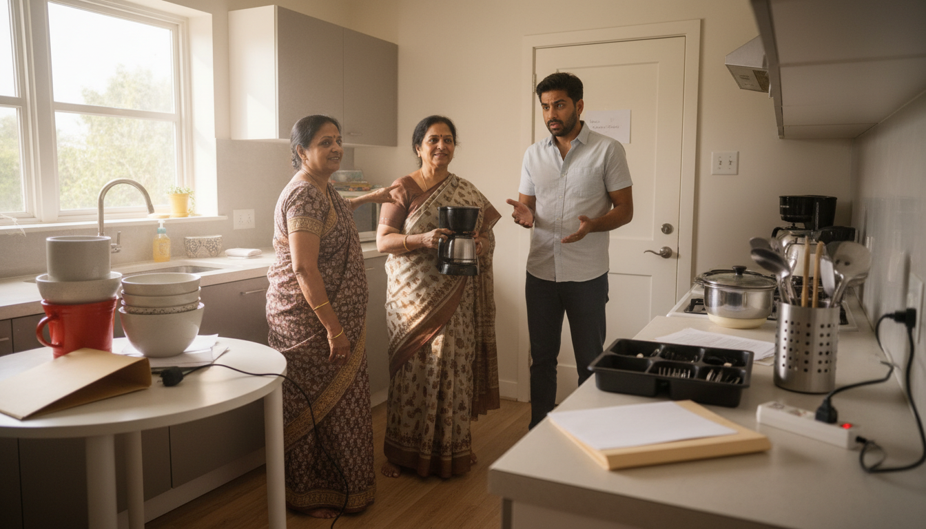 The Daily Rupee satire illustration: Visiting Parents Reorganize Son's Kitchen in One Afternoon, Relocate Coffee Maker to 'Guest Room'