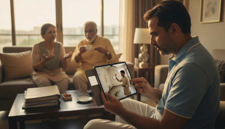 The Daily Rupee satire illustration: Man Inspects Pune Flat Weekly by Video Call, Has Never Visited